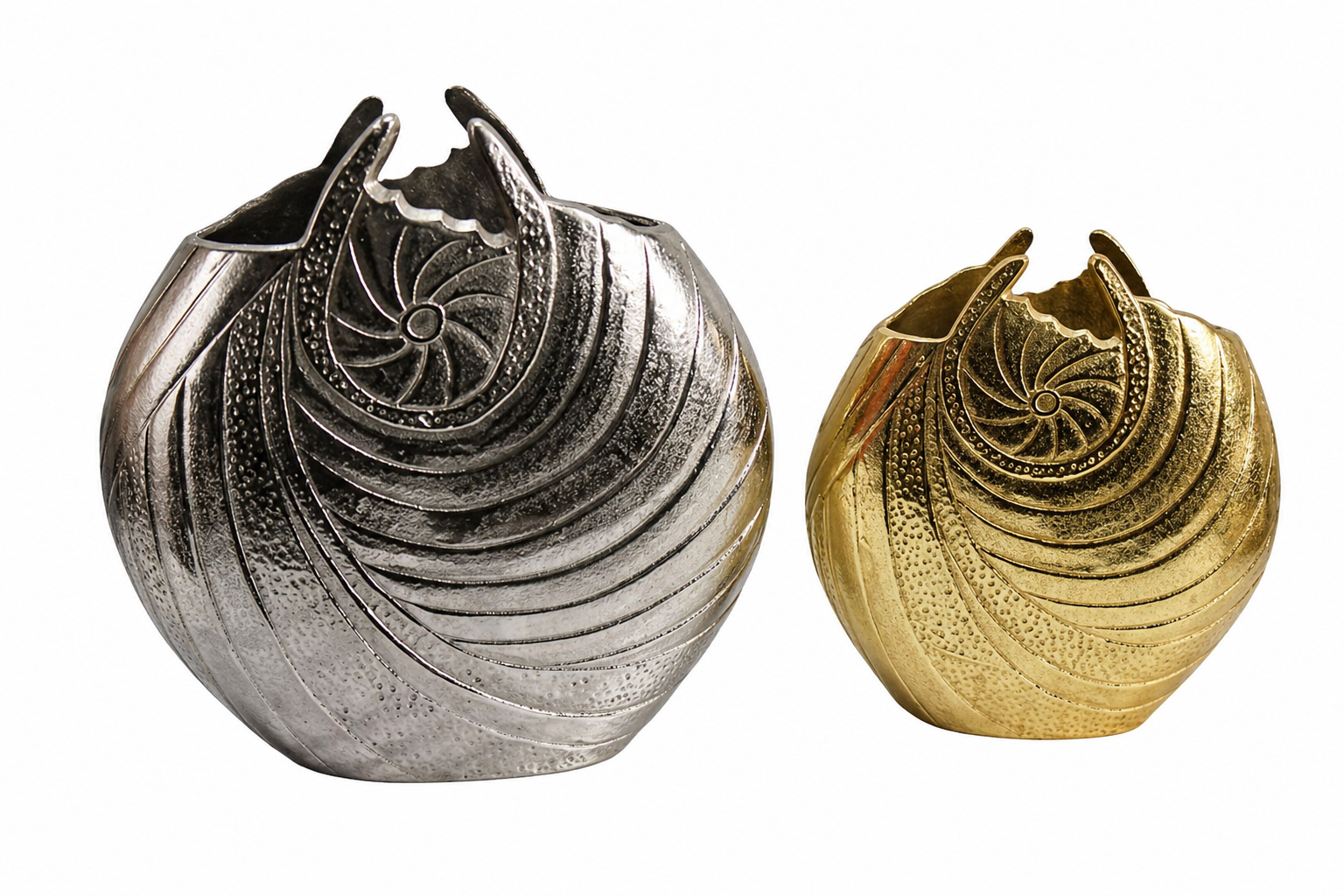 Forma Livings Luxe Nautilus Sculpted Aluminium Vase Set – Dual Finish (Silver Nickel & Gold)