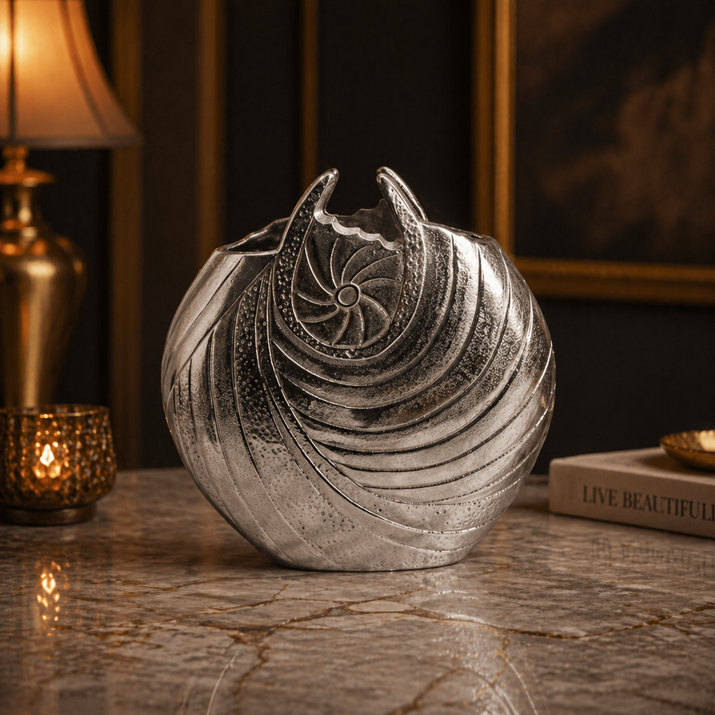 Forma Livings Luxe Nautilus Sculpted Aluminium Vase Set – Dual Finish (Silver Nickel & Gold)