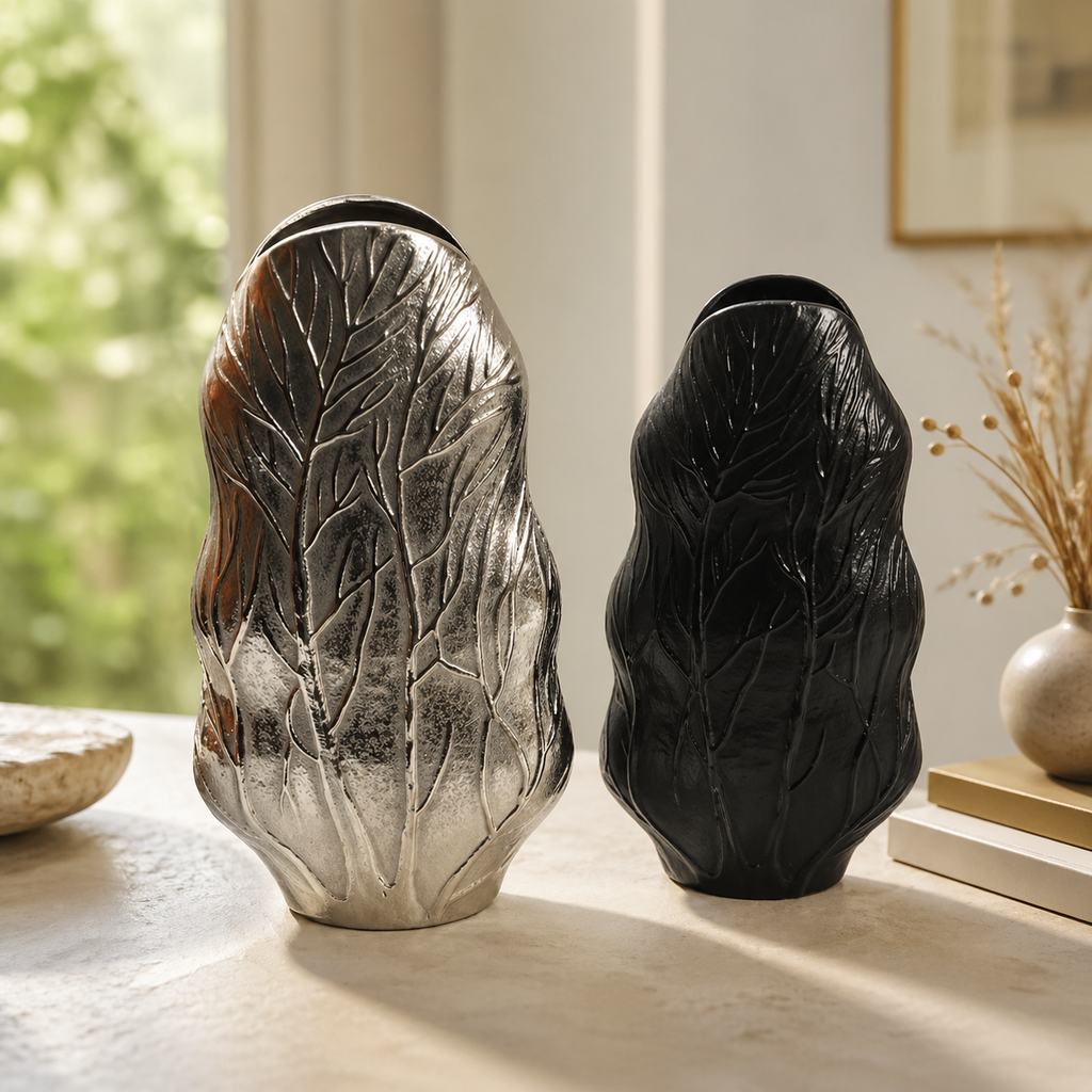 Forma Livings Handcrafted Aluminium Leaf Texture Vase – Premium Decorative Accent (Available in Silver & Matte Black | Multiple Sizes)
