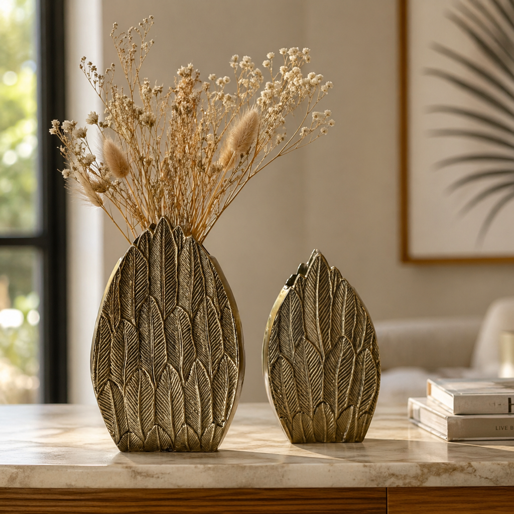 Aurelia Feather Textured Aluminium Vase Set – Dual Finish (Gold & Silver) | Handcrafted Luxury Décor  Description: