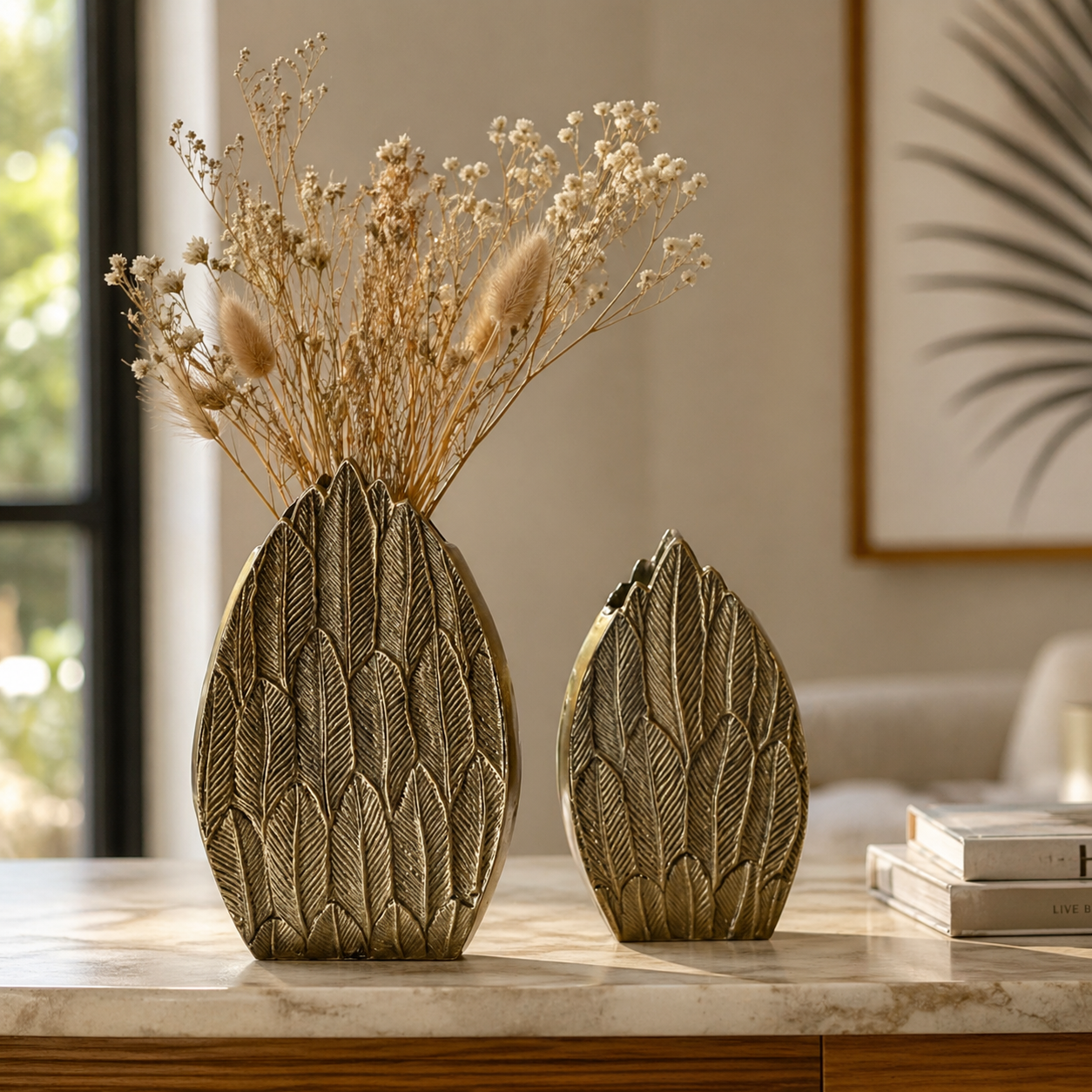 Aurelia Feather Textured Aluminium Vase Set – Dual Finish (Gold & Silver) | Handcrafted Luxury Décor  Description: