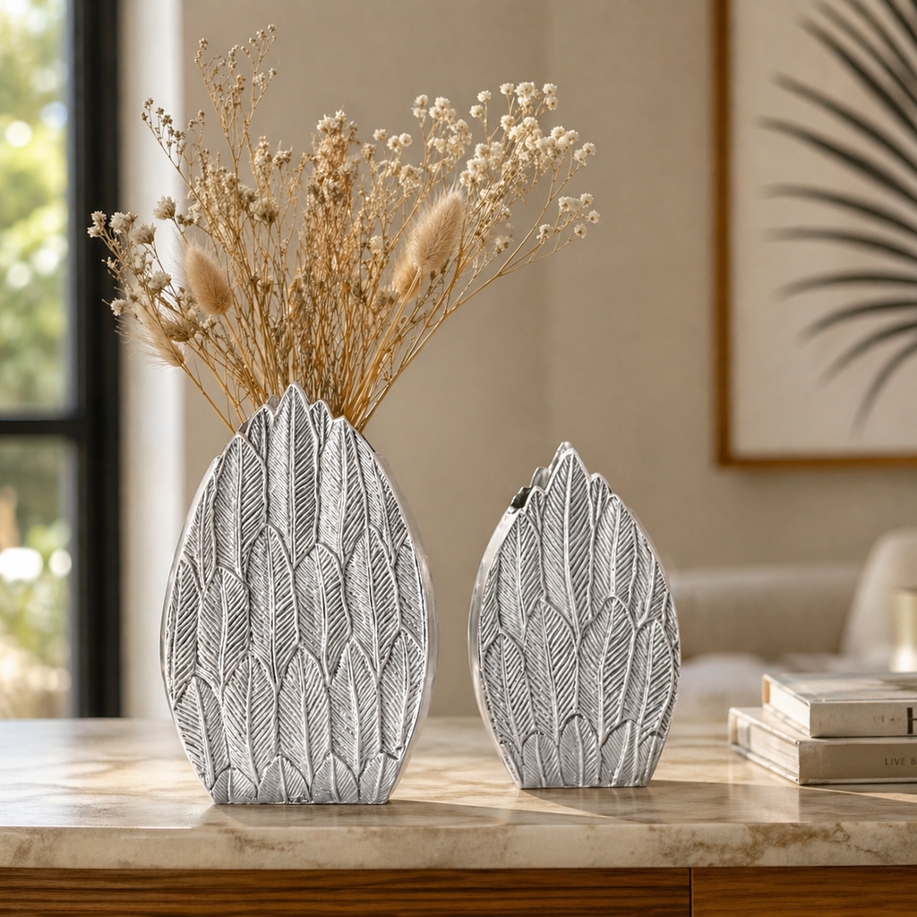 Aurelia Feather Textured Aluminium Vase Set – Dual Finish (Gold & Silver) | Handcrafted Luxury Décor  Description:
