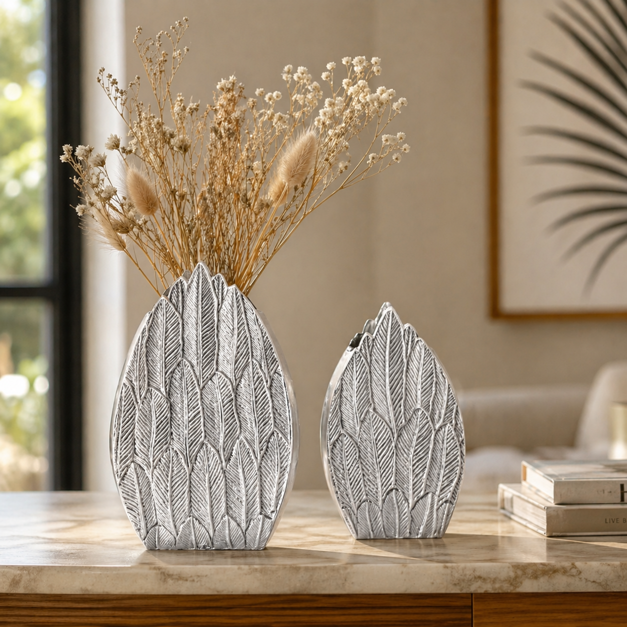 Aurelia Feather Textured Aluminium Vase Set – Dual Finish (Gold & Silver) | Handcrafted Luxury Décor  Description: