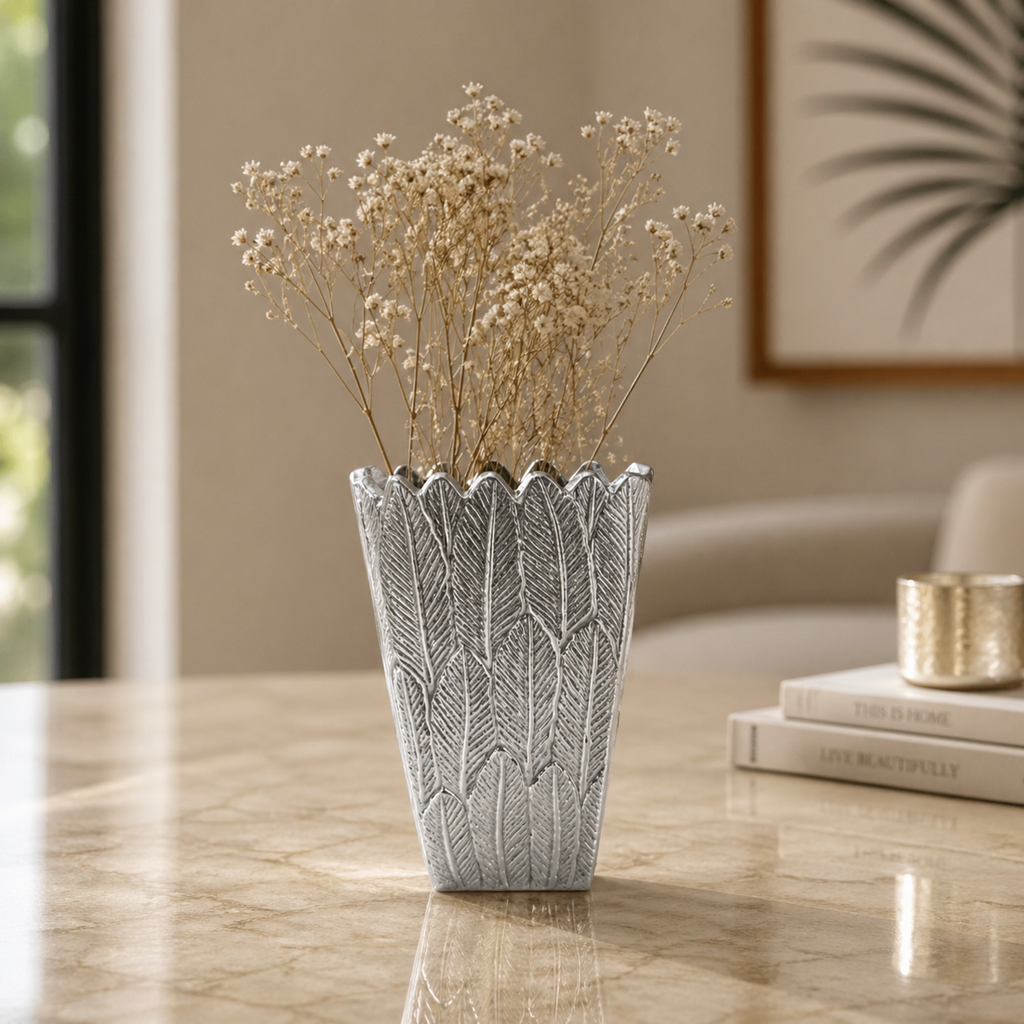 Aurelia Feather Textured Aluminium Vase – Dual Finish (Gold & Silver Nickel) | Handcrafted Luxury Accent