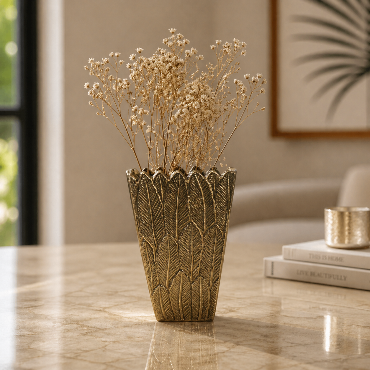 Aurelia Feather Textured Aluminium Vase – Dual Finish (Gold & Silver Nickel) | Handcrafted Luxury Accent