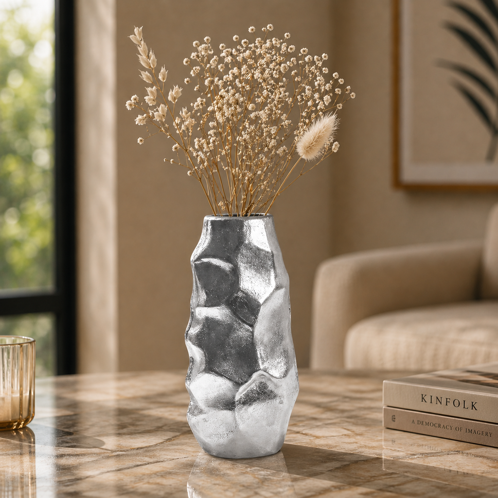 Aurelia Sculpted Aluminium Vase – Dual Finish (Gold & Silver Nickel) | Modern Handcrafted Statement Décor