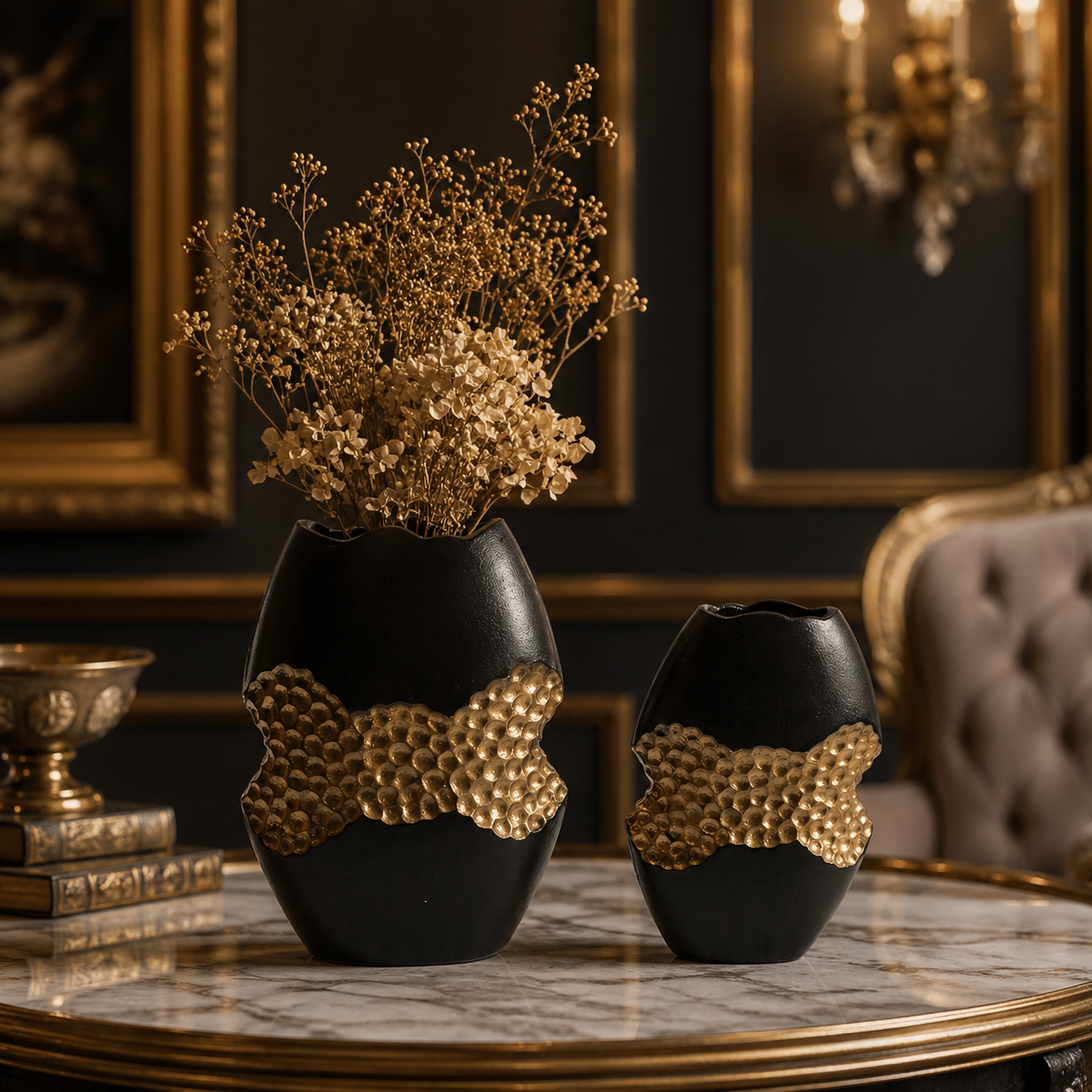 Aurelia Hammered Aluminium Vase Set – Triple Finish (Matte Black, Gold & Silver Nickel) | Handcrafted Luxury Décor