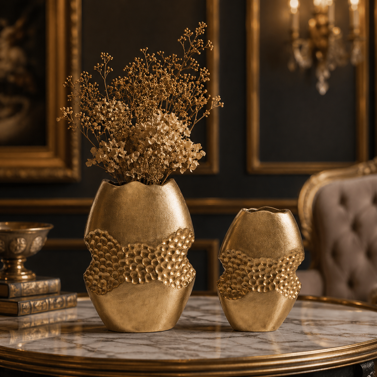 Aurelia Hammered Aluminium Vase Set – Triple Finish (Matte Black, Gold & Silver Nickel) | Handcrafted Luxury Décor
