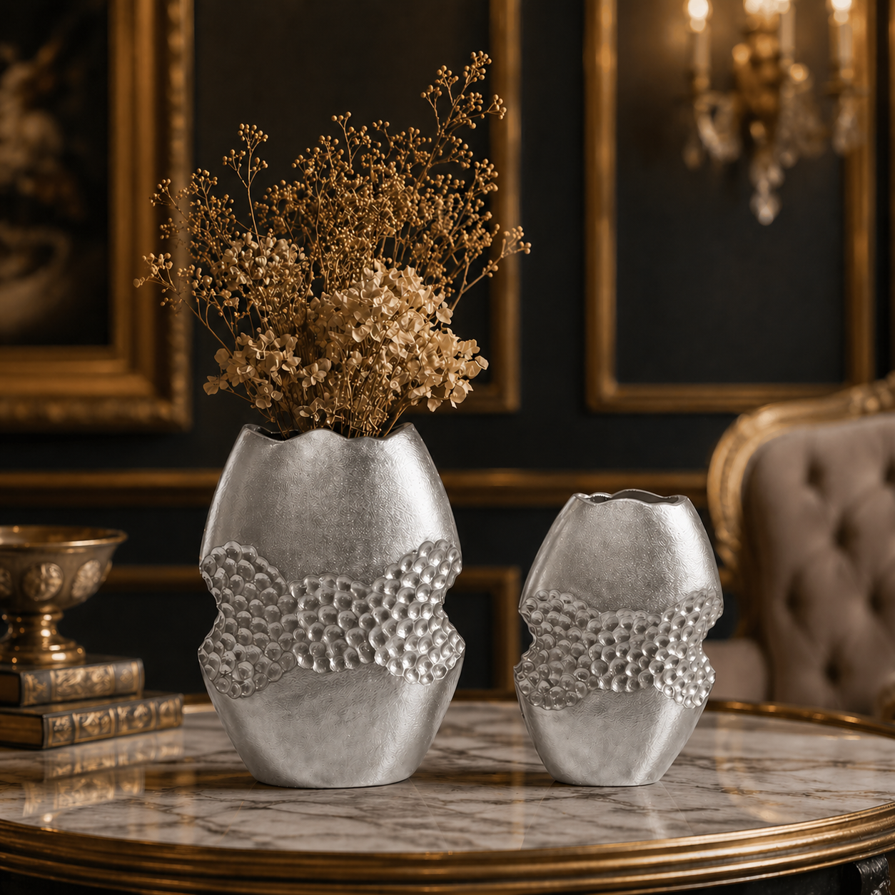 Aurelia Hammered Aluminium Vase Set – Triple Finish (Matte Black, Gold & Silver Nickel) | Handcrafted Luxury Décor