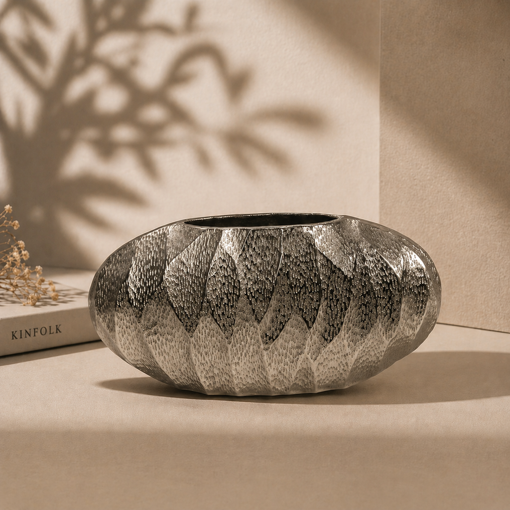 Aurelia Textured Aluminium Bowl Planter – Dual Finish (Gold & Silver Nickel) | Handcrafted Luxury Décor