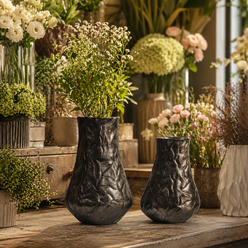 Noir Aurelia Aluminium Vase Set – Black & Gold Finish | Handcrafted Luxury Statement Décor