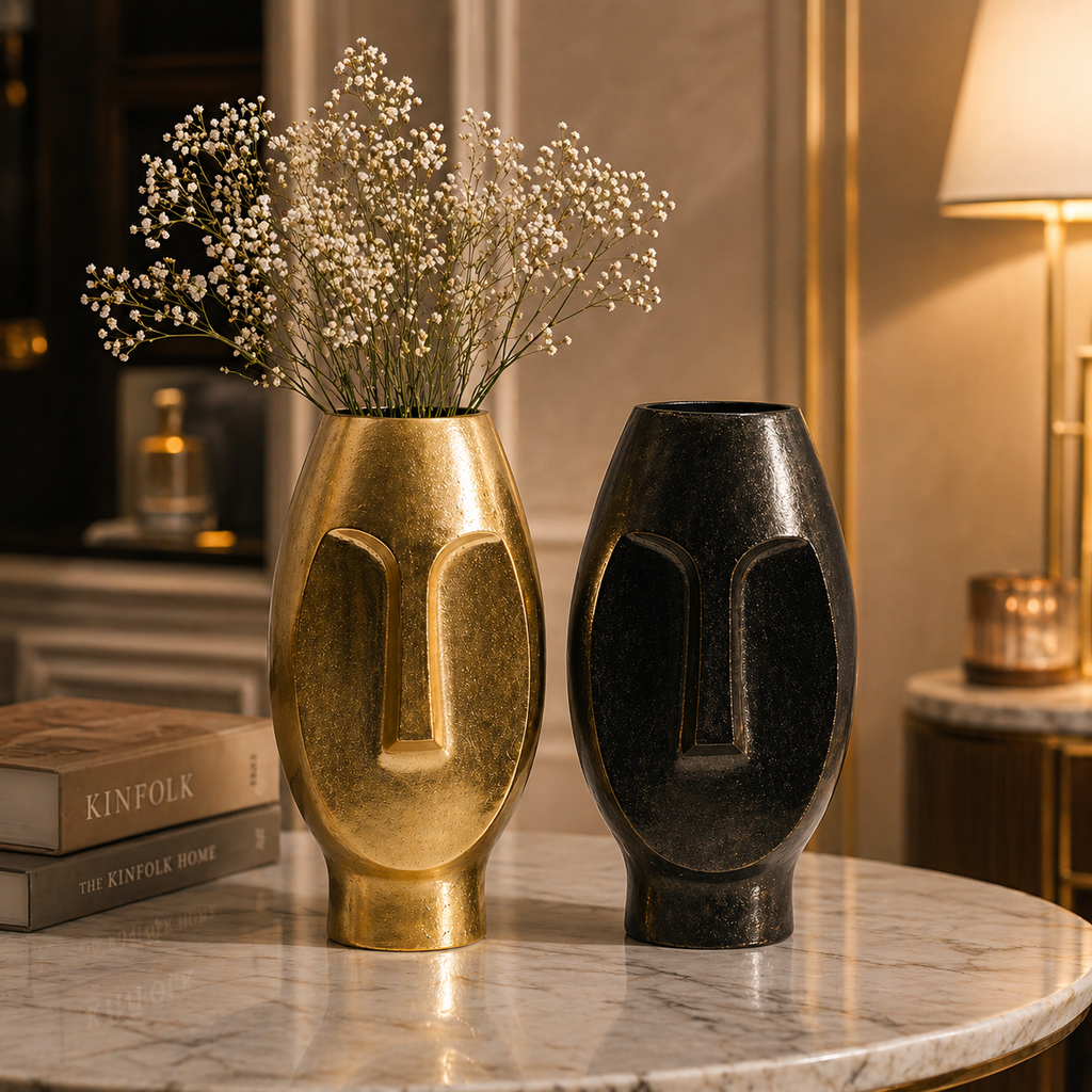 Elysian Sculpted Face Aluminium Vase Collection – Triple Finish (Black, Gold & Silver Nickel)