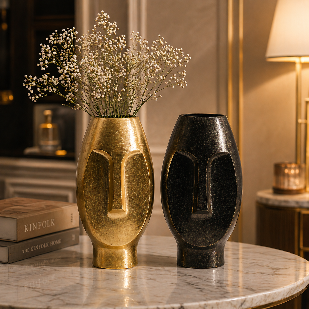 Elysian Sculpted Face Aluminium Vase Collection – Triple Finish (Black, Gold & Silver Nickel)