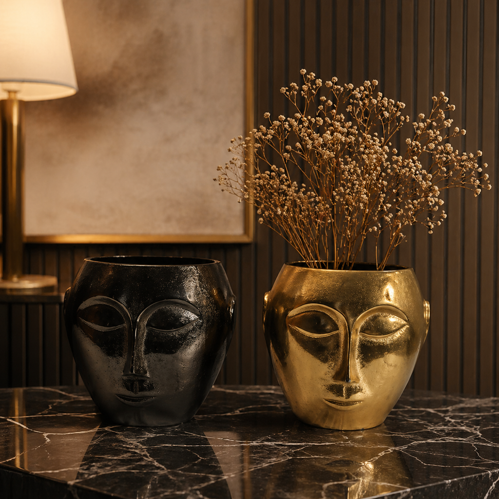 Elysian Face Sculpt Aluminium Vase Set – Triple Finish (Black, Gold & Silver Nickel) | Artistic Luxury Décor