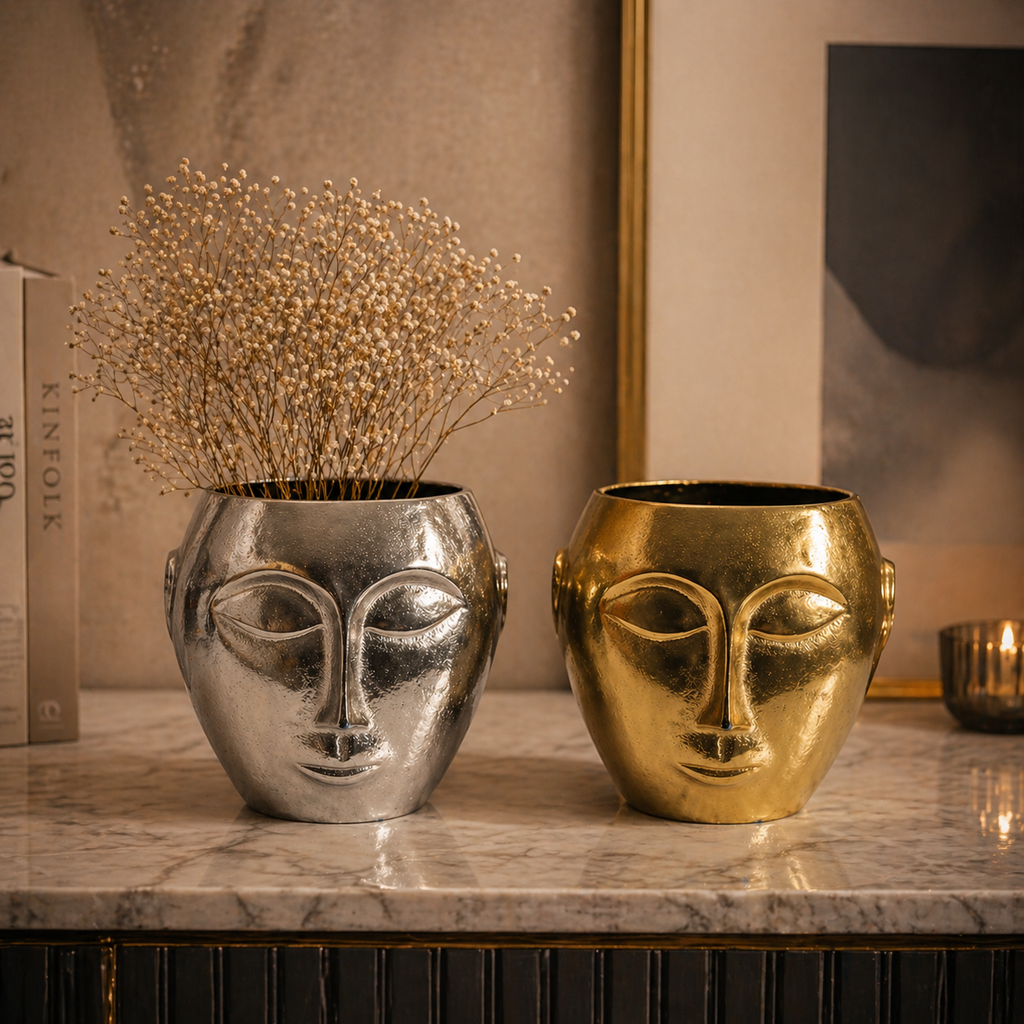 Elysian Face Sculpt Aluminium Vase Set – Triple Finish (Black, Gold & Silver Nickel) | Artistic Luxury Décor