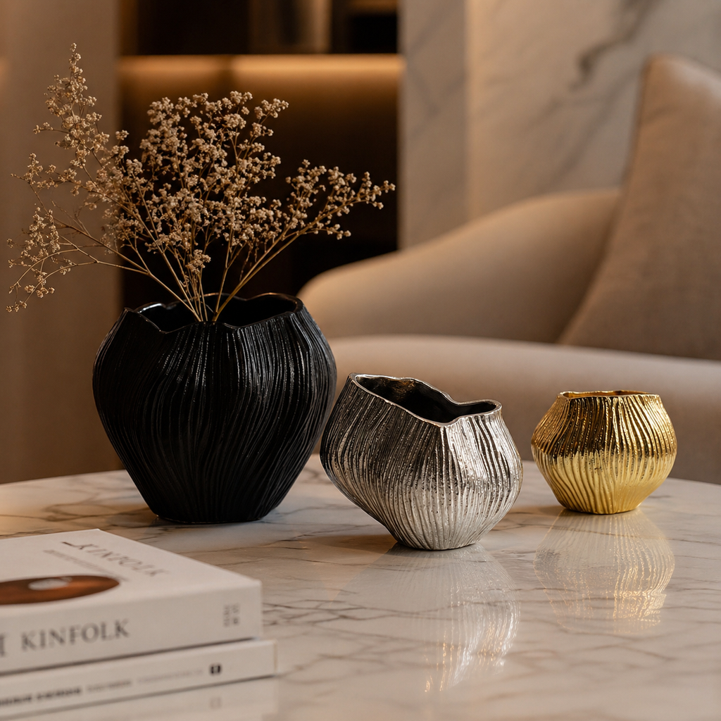 Forma Livings Luxe Ripple Vase Collection (Set of 3) – Black, Silver & Gold Finish