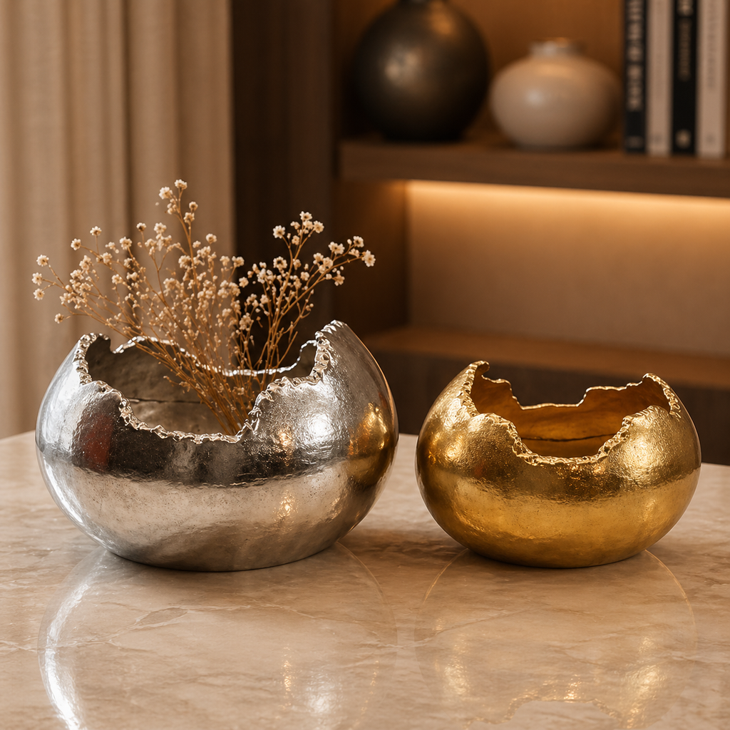 Dual-Tone Sculpted Aluminium Vase Set – Silver Nickel & Gold Finish