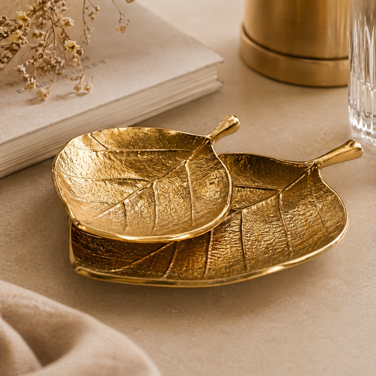 Luxury Handcrafted Aluminium Leaf Platter Set – Gold & Silver Nickel Finish