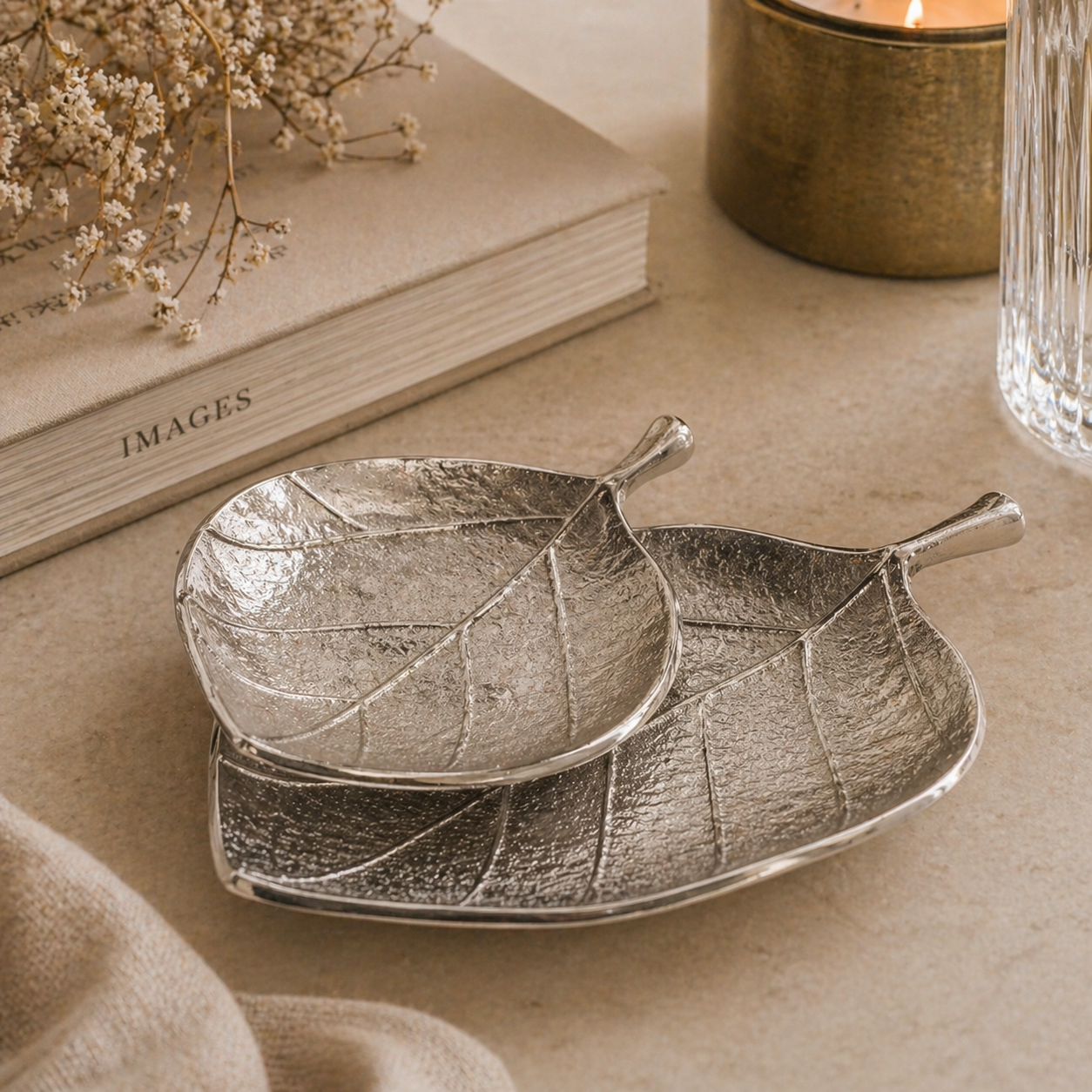 Luxury Handcrafted Aluminium Leaf Platter Set – Gold & Silver Nickel Finish