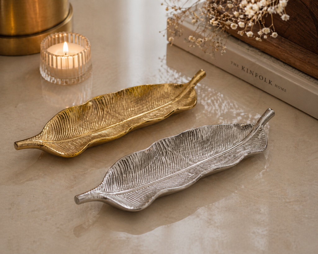 Luxury Handcrafted Aluminium Leaf Platter – Gold & Silver Nickel Finish