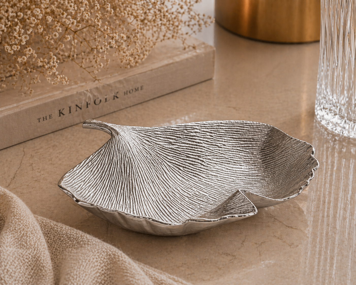 Luxury Handcrafted Aluminium Leaf Platter – Gold & Aluminium Finish