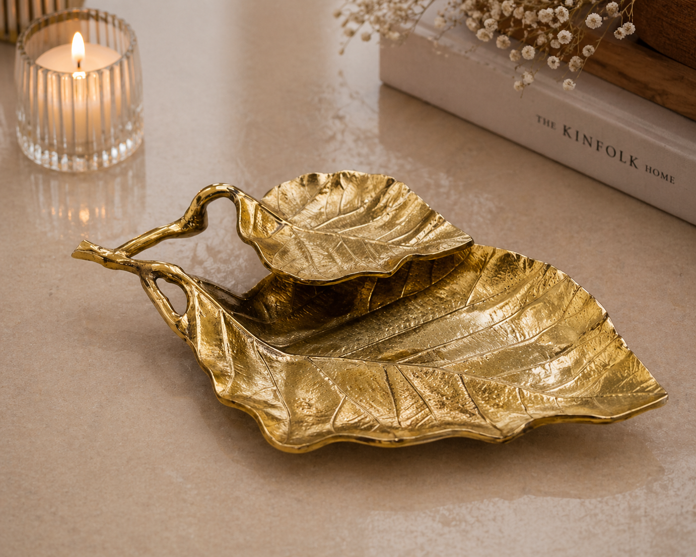 Luxury Handcrafted Aluminium Leaf Platter – Gold & Aluminium Finish