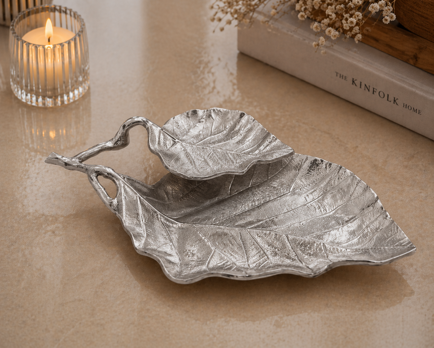 Luxury Handcrafted Aluminium Leaf Platter – Gold & Aluminium Finish