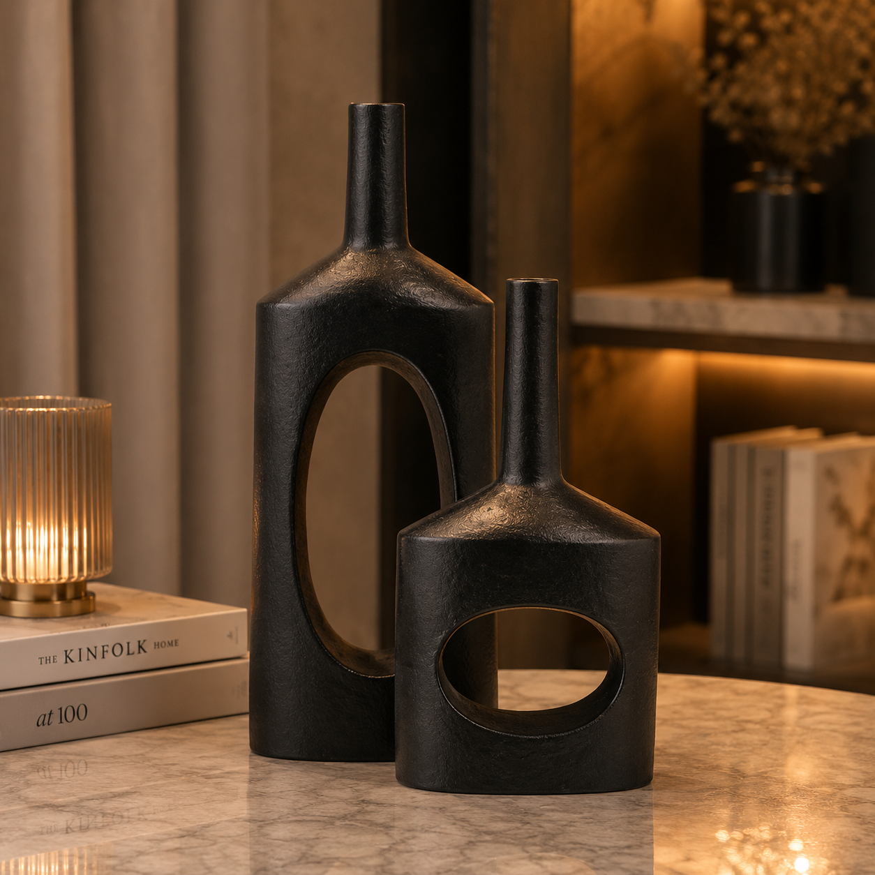 Forma Livings Aperture Sculptural Vase Collection – Gold & Matte Black Finish (Set of 2)