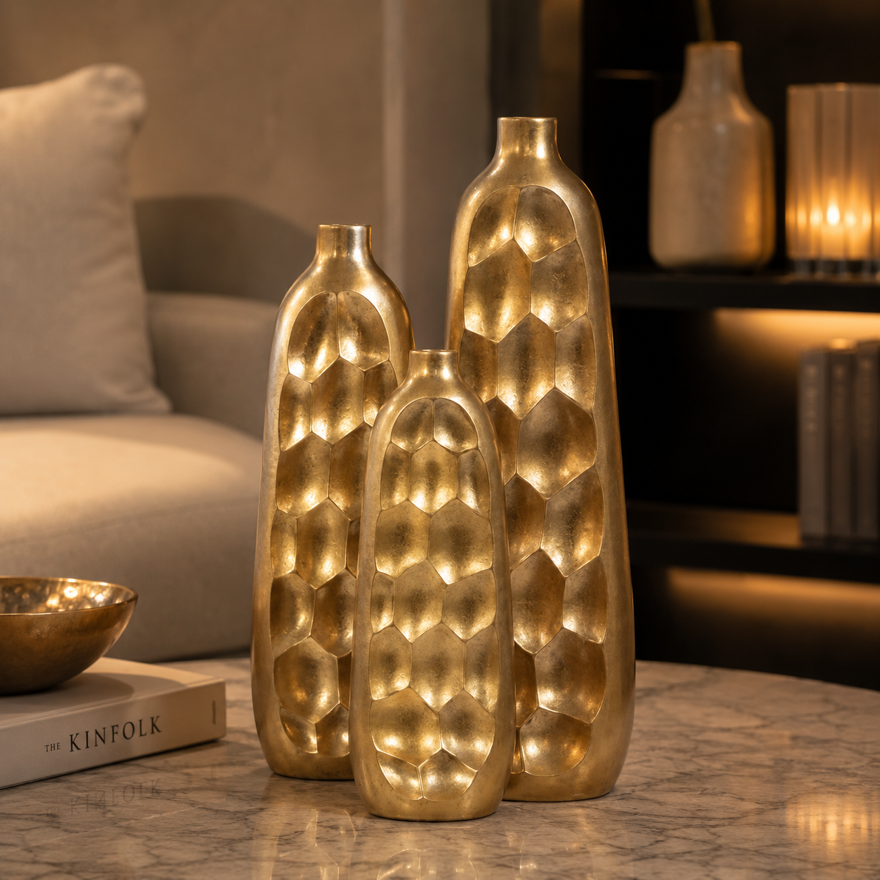 Forma Livings Hexa Luxe Decorative Vase Collection – Gold Finish (Set of 3)