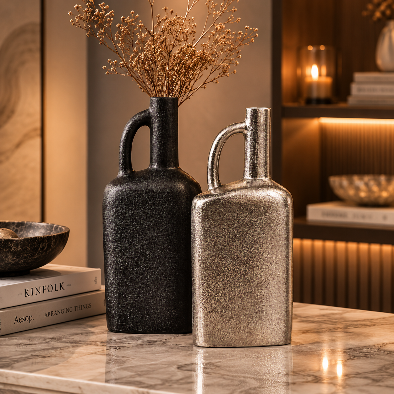 Forma Livings Artisan Handle Vase Set – Matte Black & Silver Nickel Finish