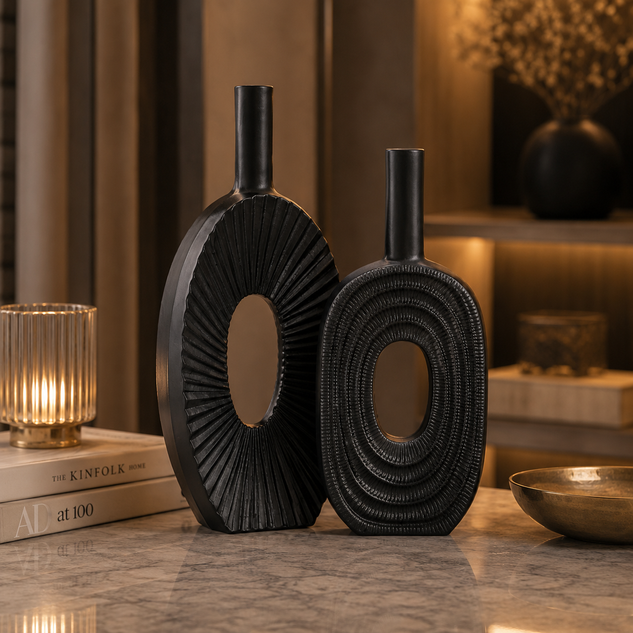 Forma Livings Eclipse Textured Vase Collection – Matte Black Finish (Set of 2)
