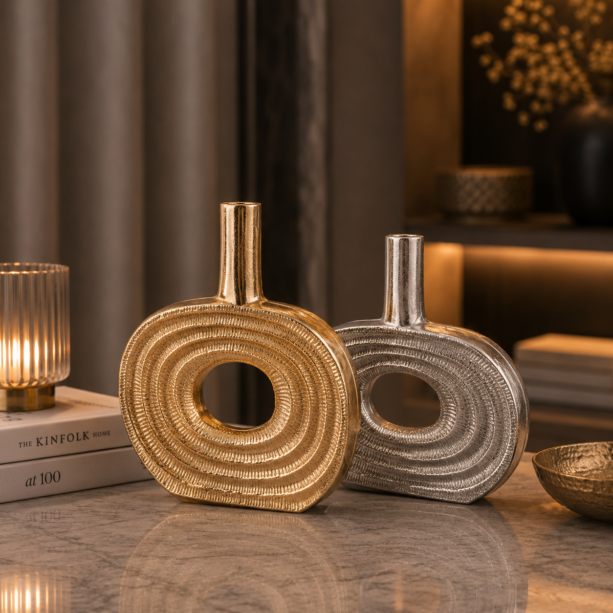 Forma Livings Orbit Textured Vase Collection – Gold & Silver Nickel Finish