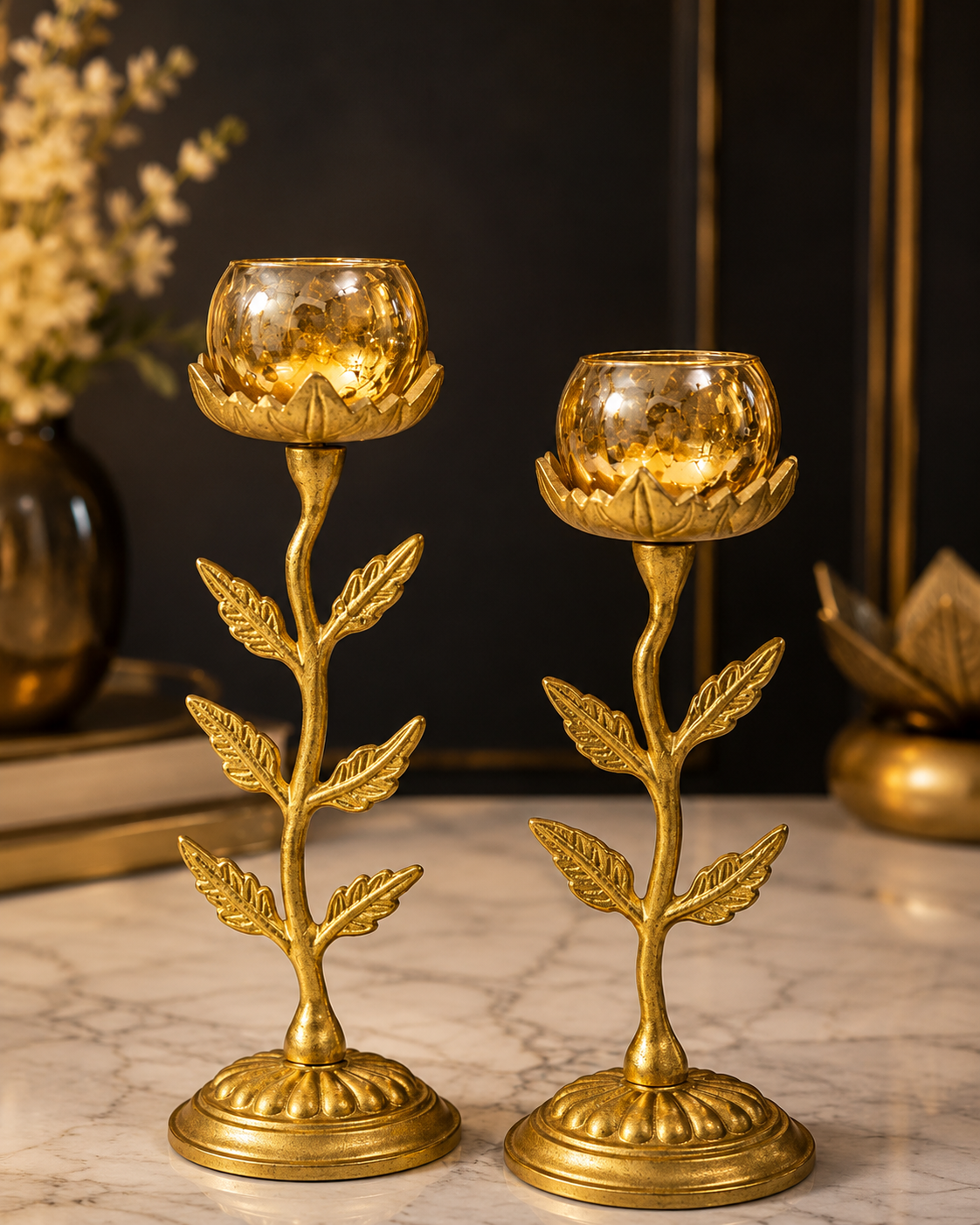 Golden Blossom Candle Holder Set