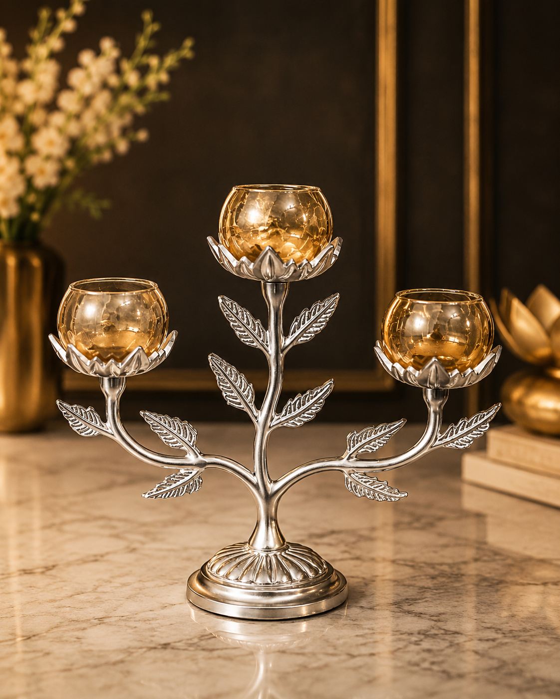 Silver Bloom Triple Candle Holder