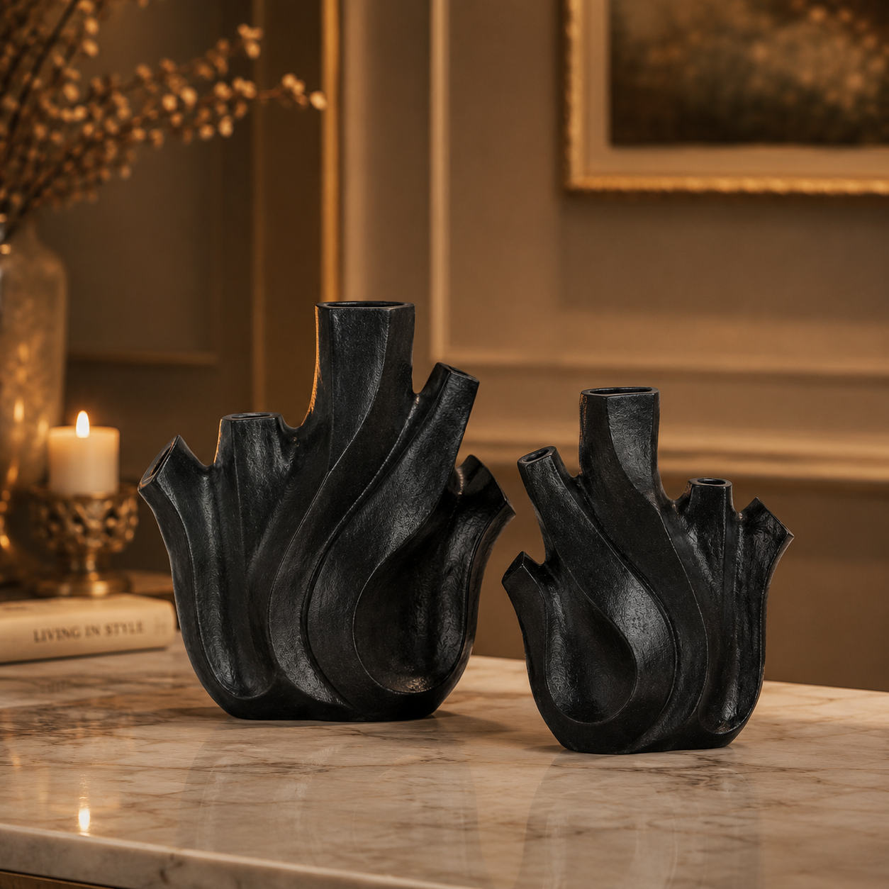 Forma Livings Sculpted Flame Vase Set – Matte Black Finish