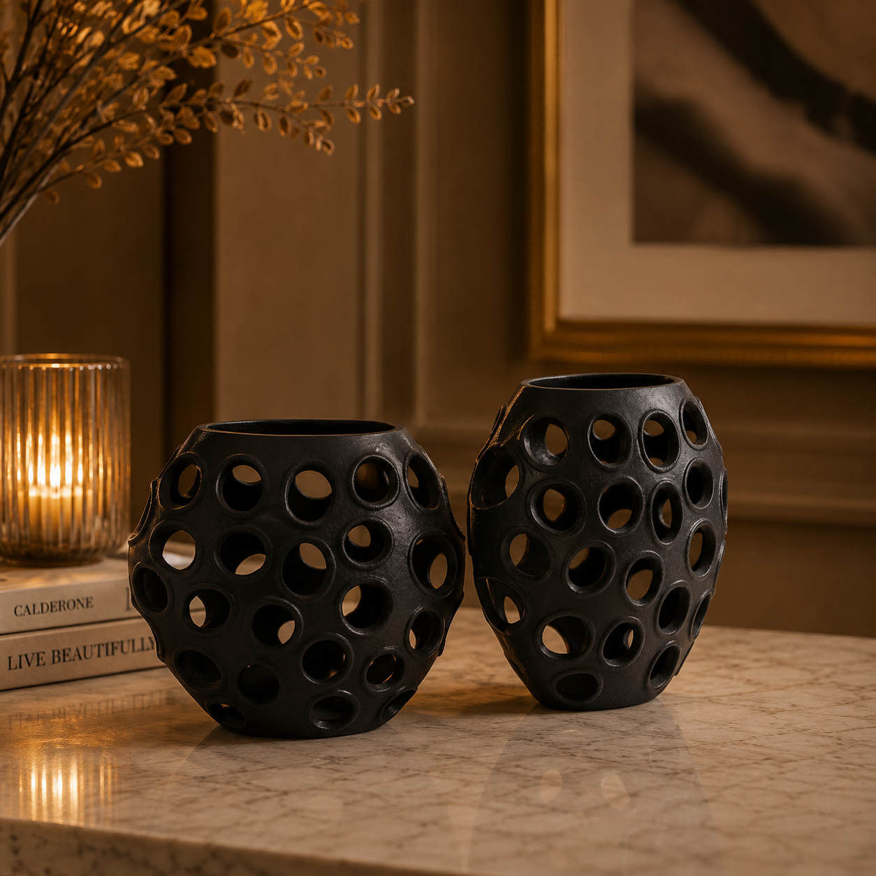 Forma Livings Eclipse Perforated Vase Set – Matte Black Finish