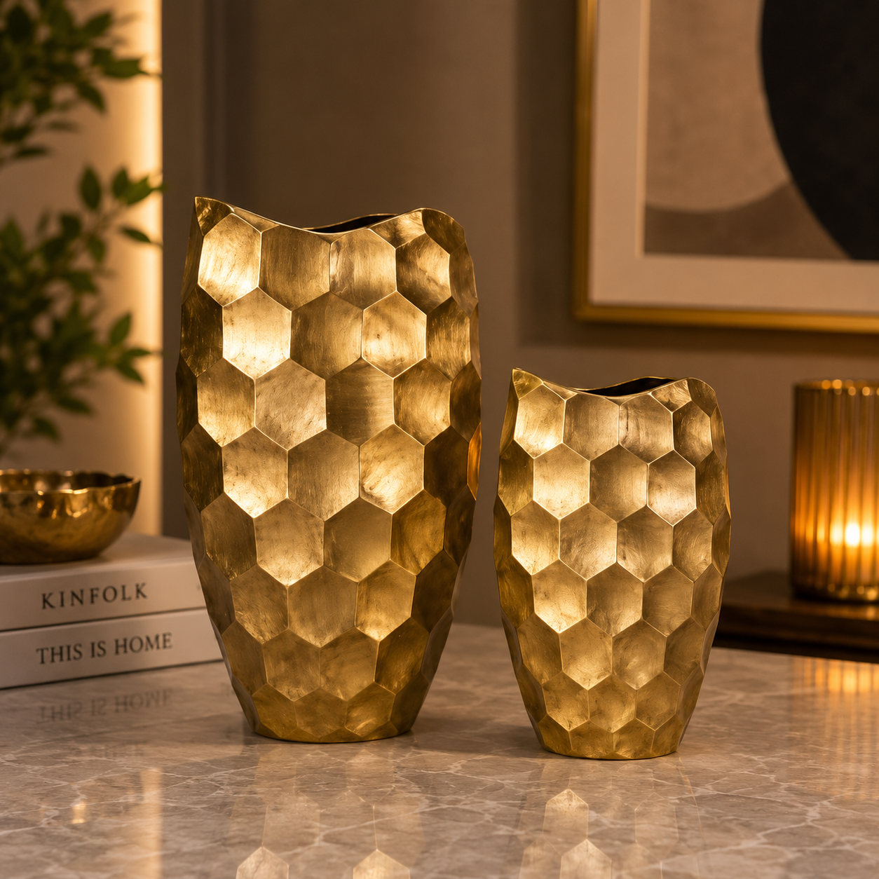 Hexa Hammered Vase Set – Antique Gold Finish