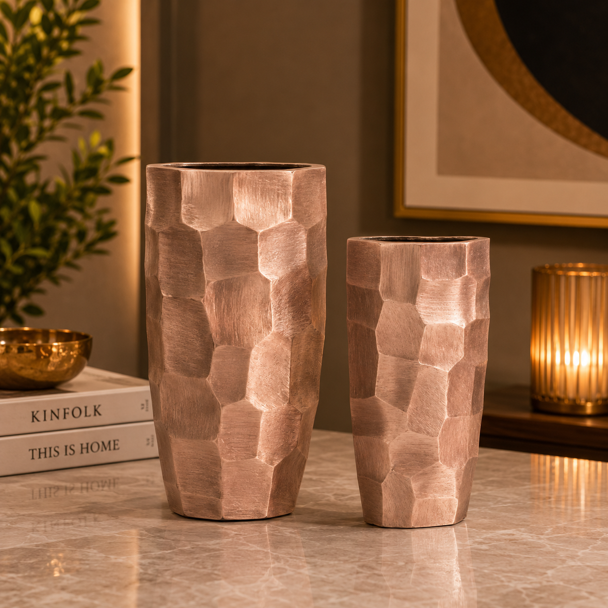 Hexa Artisan Vase Set – Rose Gold Finish