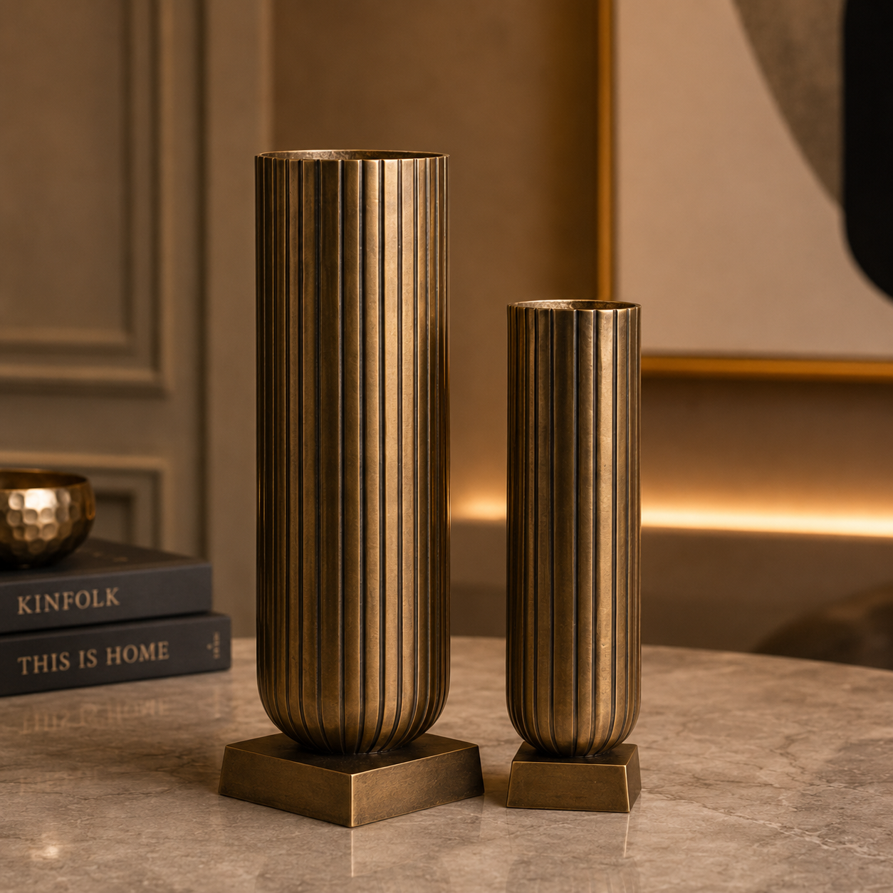 Ridge Column Vase Set – Antique Gold Finish