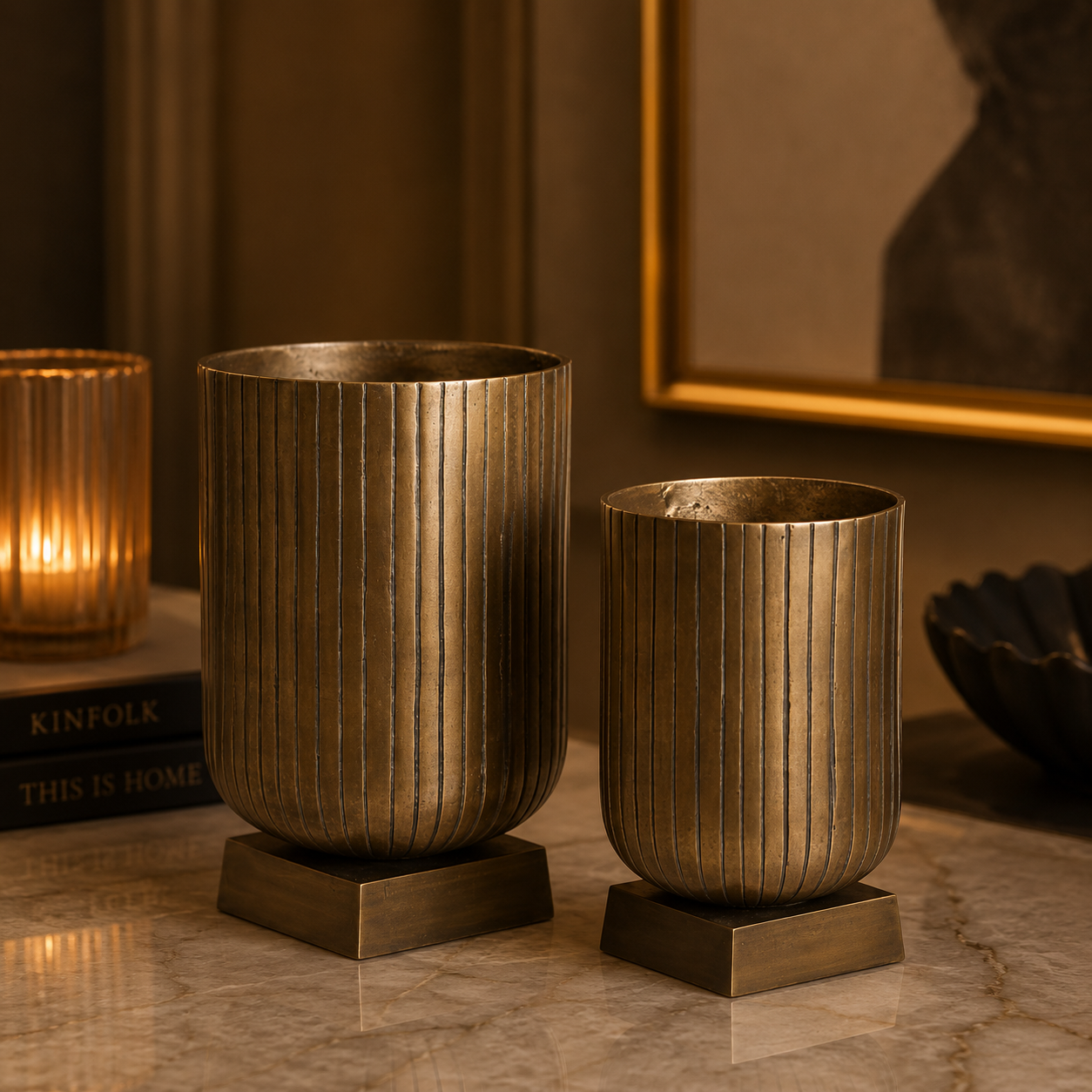 Heritage Fluted Vase Set – Antique Gold Finish