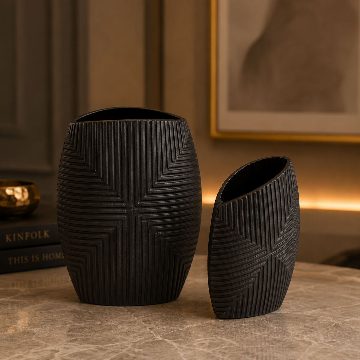 Geo Texture Vase Set – Matte Black Finish