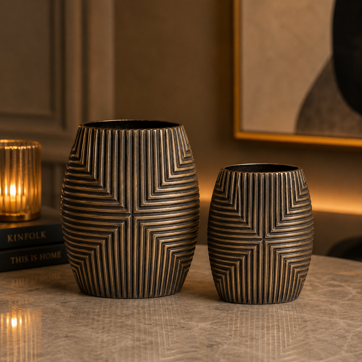Chevron Texture Vase Set – Antique Bronze Finish