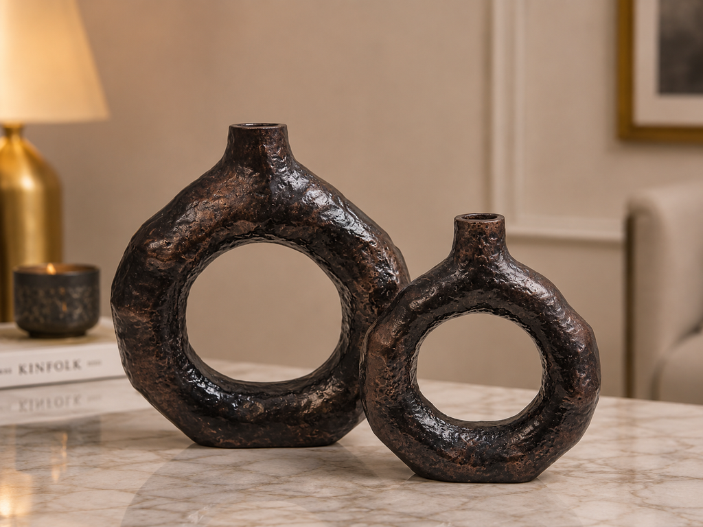 Aurelia Halo Aluminium Vase Set (Set of 2) – Sculpted Antique Bronze Finish
