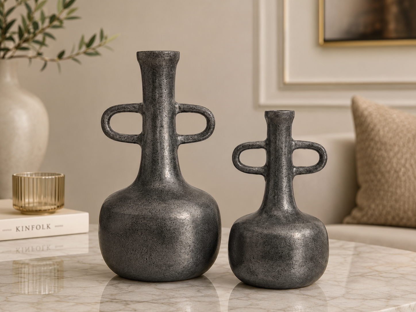 Aurelia Loop Aluminium Vase Set (Set of 2) – Matte Noir Textured Finish