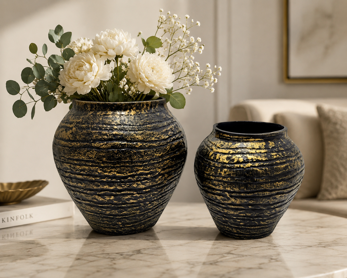 Noir Antique Textured Aluminium Vase Set (Set of 2) – Luxury Black & Gold Finish