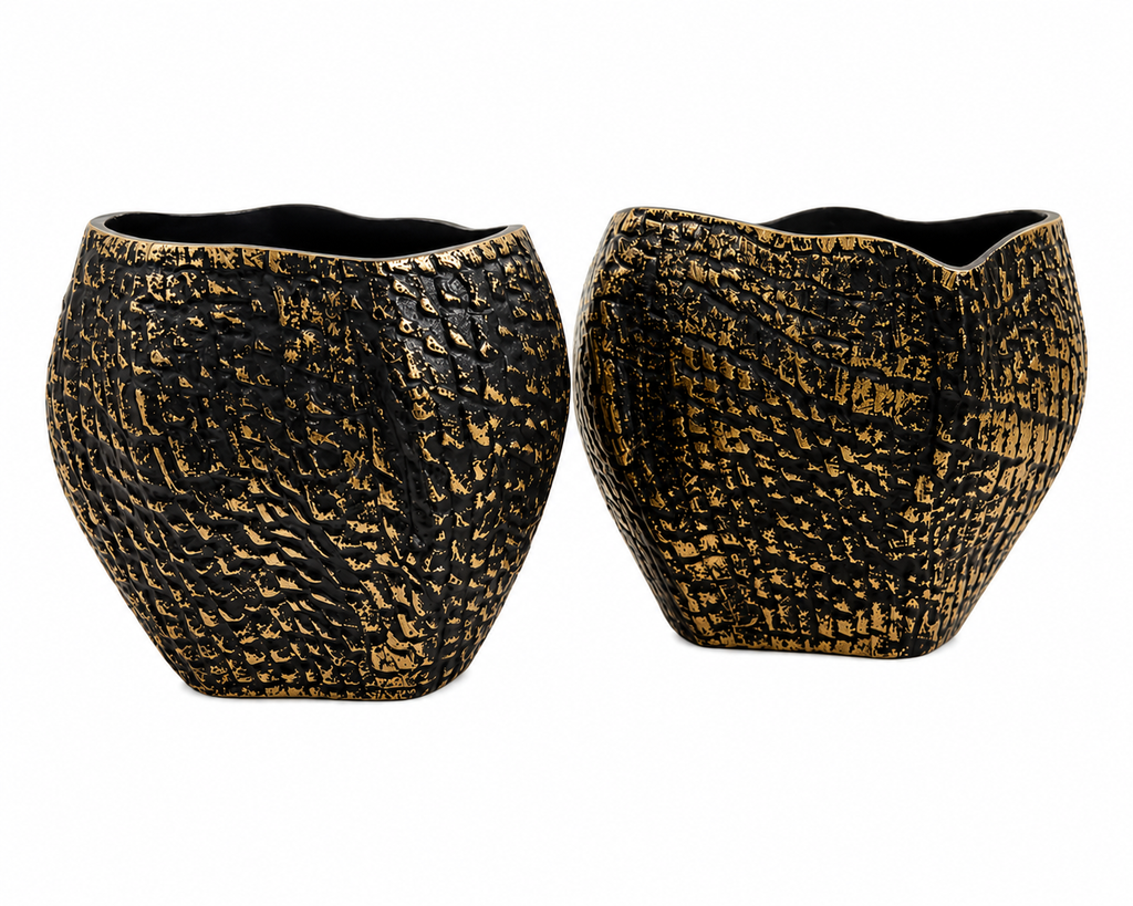 Noir Sculpted Aluminium Vase Set (Set of 2) – Textured Black & Antique Gold Finish