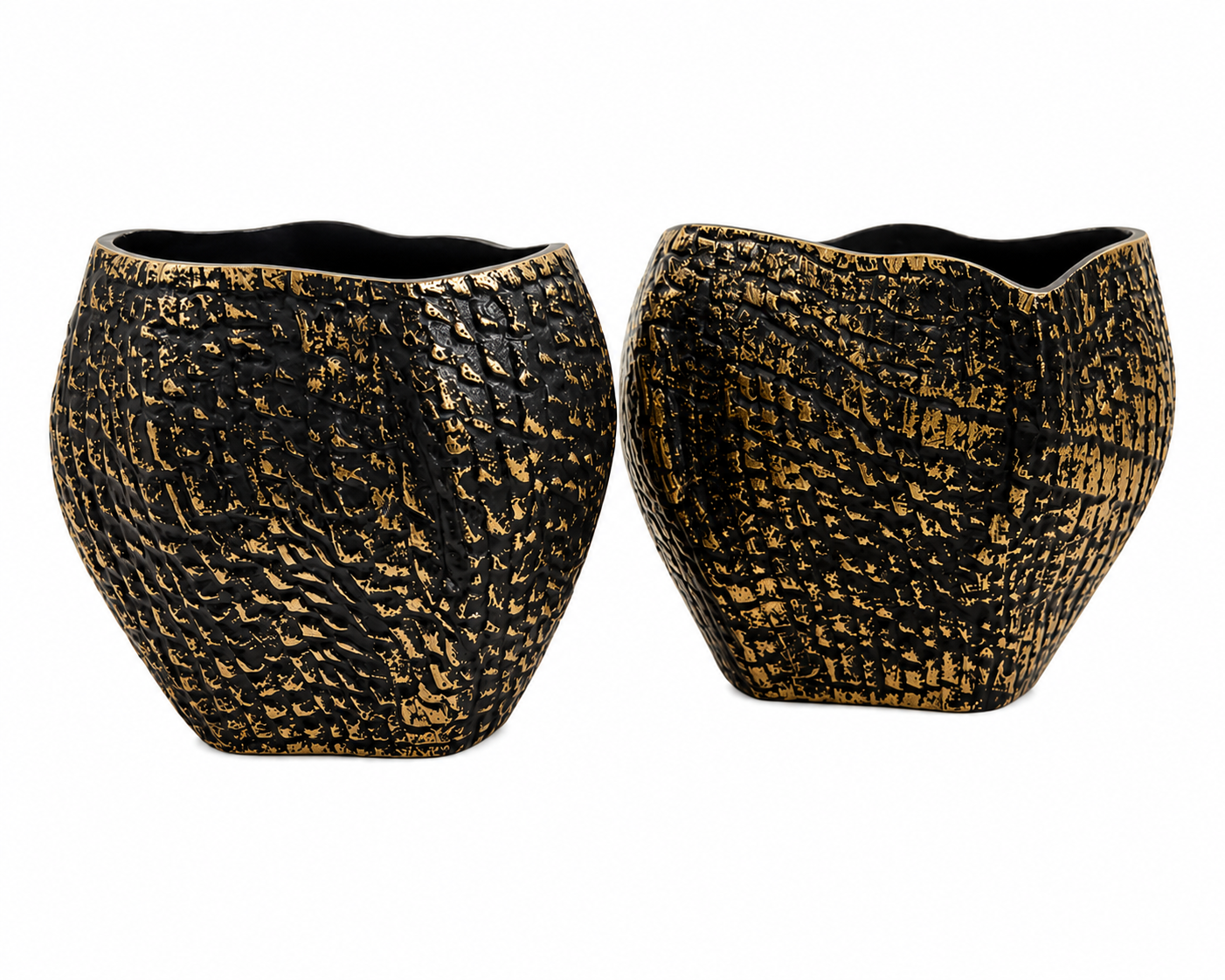 Noir Sculpted Aluminium Vase Set (Set of 2) – Textured Black & Antique Gold Finish