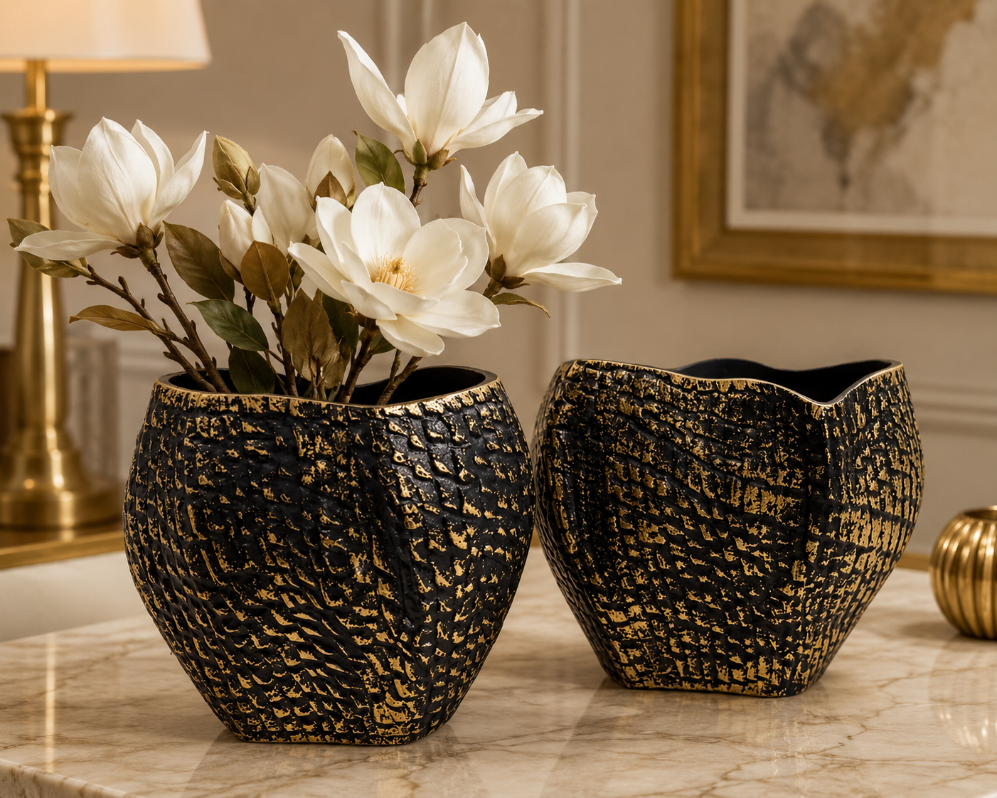 Noir Sculpted Aluminium Vase Set (Set of 2) – Textured Black & Antique Gold Finish