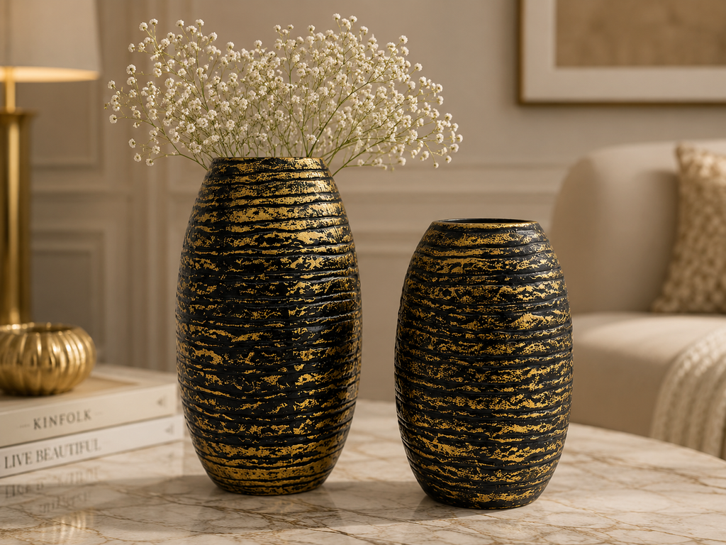 Noir Ribbed Aluminium Vase Set (Set of 2) – Antique Black & Gold Textured Finish