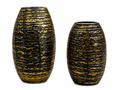 Noir Ribbed Aluminium Vase Set (Set of 2) – Antique Black & Gold Textured Finish